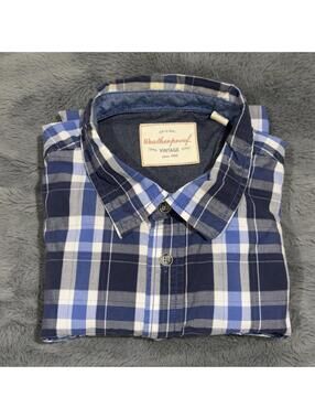 Weatherproof Vintage Mens XL Blue white‎ plaid long sleeve button-up shirt